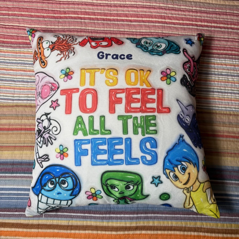 RARE Disney Pixar Inside Out 2 Pillow Its Ok To Feel All The Feels Grace 15x15